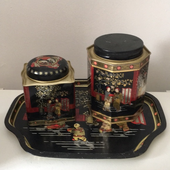 Vintage Asian Tin Tea Containers On Tray Decorative - Picture 1 of 16